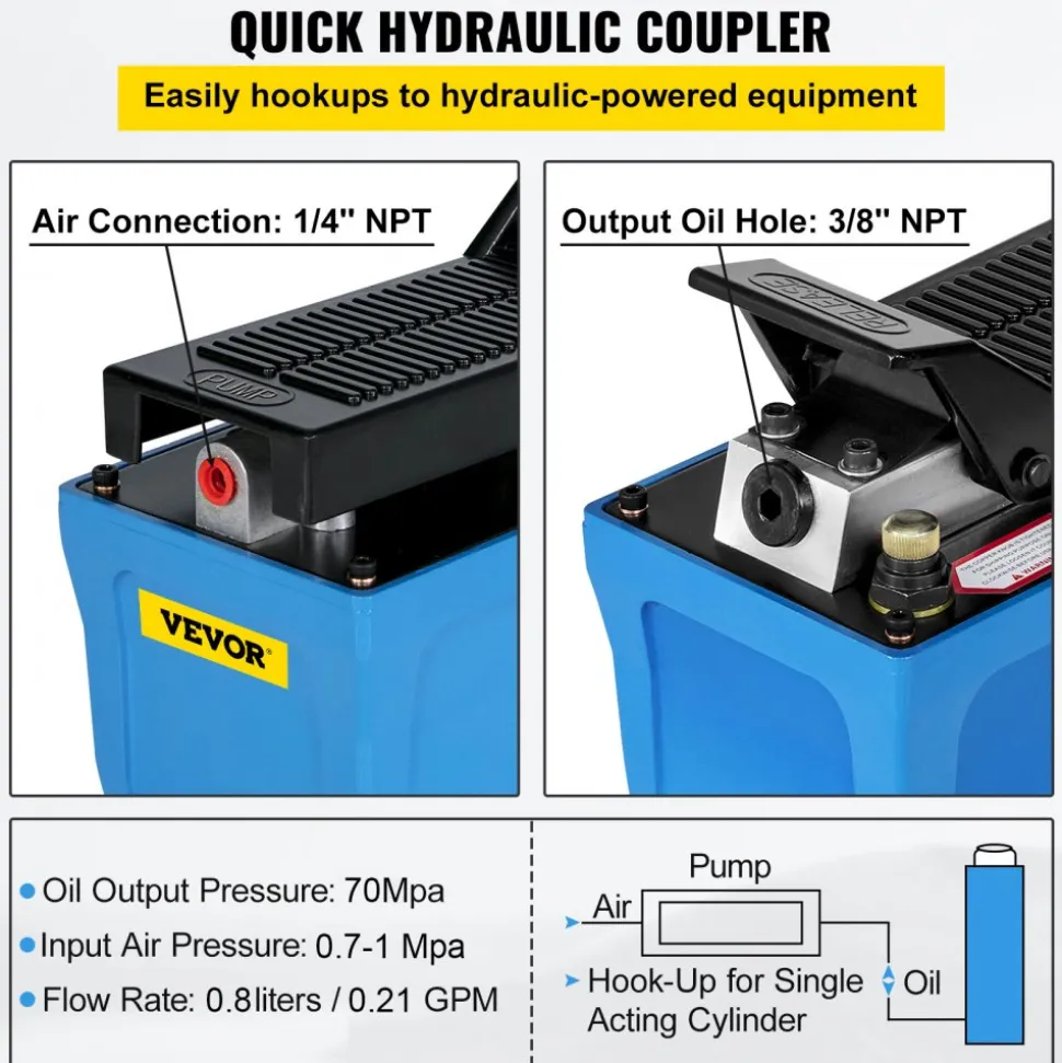 VEVOR Air Hydraulic Pump 10000 PSI Air Over Hydraulic Pump 1/2 Gal Reservoir Air Treadle Foot Actuated Hydraulic Pump 3/8" NPT with 6.56 ft Hose 2 Connector Single Acting for Car Repair (Blue)