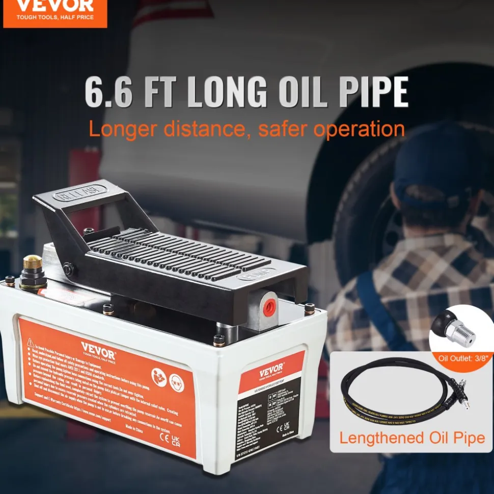 VEVOR Air Hydraulic Pump, 10,000 PSI 1/2 Gal Reservoir, NPT 3/8" Oil Outlet, NPT 1/4" Inlet, 6.6 ft Pipe, Foot Actuated Hydraulic Pump Air Treadle for Auto Body Frame Machines and Pulling Post, Gray