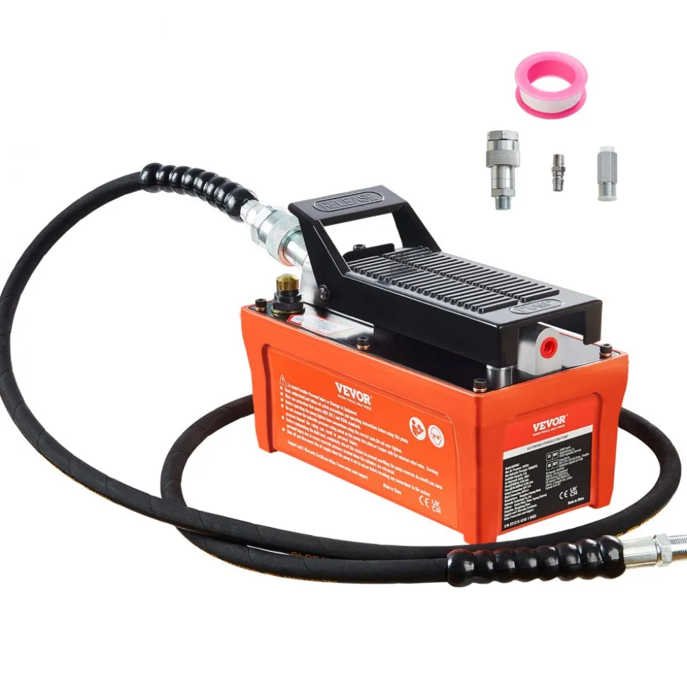 VEVOR Air Hydraulic Pump, 10,000 PSI 1/2 Gal Reservoir, NPT 3/8" Oil Outlet, NPT 1/4" Inlet, 6.6 ft Pipe, Foot Actuated Hydraulic Pump Air Treadle for Auto Body Frame Machines and Pulling Post, Orange