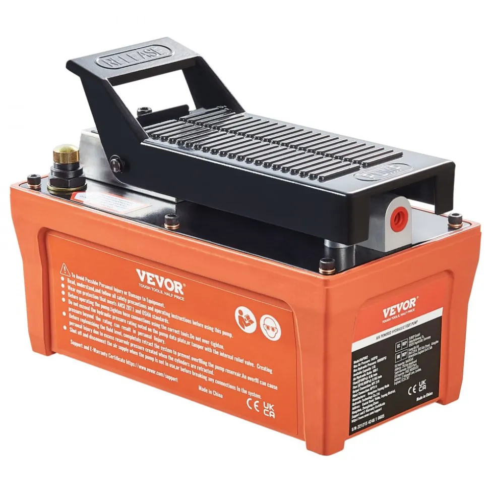 VEVOR Air Hydraulic Pump, 10,000 PSI 1/2 Gal Reservoir, NPT 3/8" Oil Outlet, NPT 1/4" Inlet, 6.6 ft Pipe, Foot Actuated Hydraulic Pump Air Treadle for Auto Body Frame Machines and Pulling Post, Orange