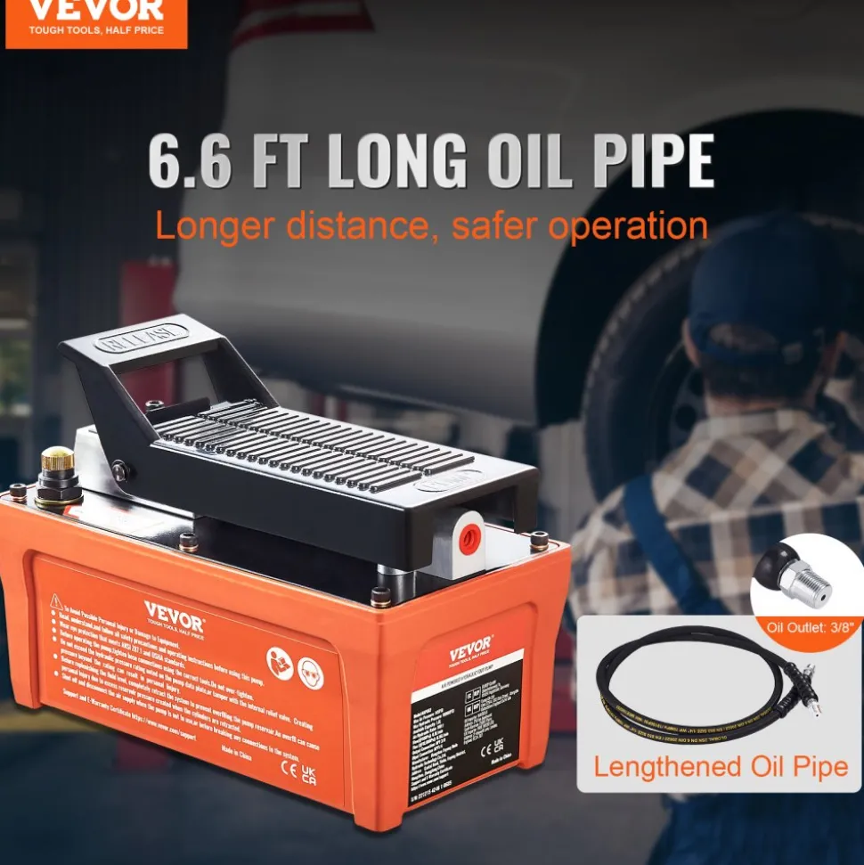 VEVOR Air Hydraulic Pump, 10,000 PSI 1/2 Gal Reservoir, NPT 3/8" Oil Outlet, NPT 1/4" Inlet, 6.6 ft Pipe, Foot Actuated Hydraulic Pump Air Treadle for Auto Body Frame Machines and Pulling Post, Orange