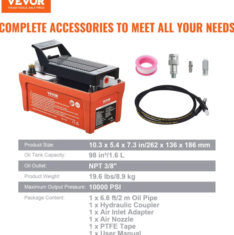 VEVOR Air Hydraulic Pump, 10,000 PSI 1/2 Gal Reservoir, NPT 3/8" Oil Outlet, NPT 1/4" Inlet, 6.6 ft Pipe, Foot Actuated Hydraulic Pump Air Treadle for Auto Body Frame Machines and Pulling Post, Orange