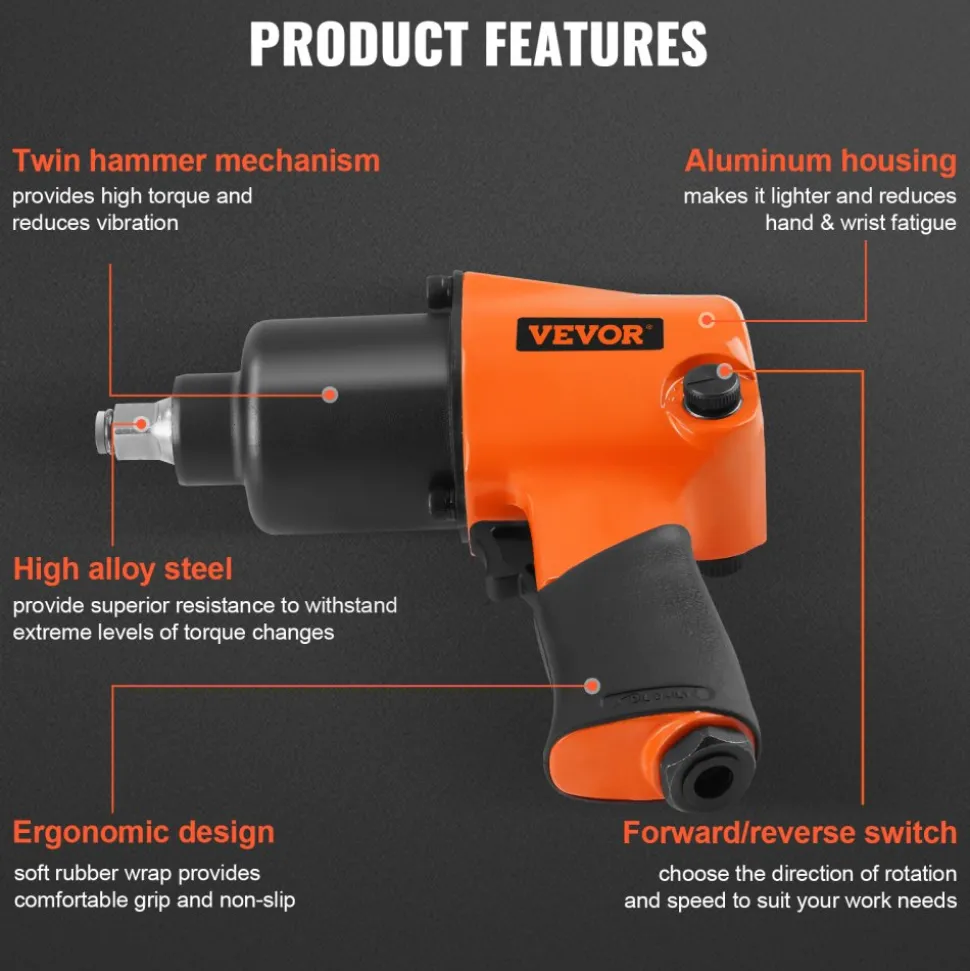 VEVOR Air Impact Wrench, 1/2" Drive Air Impact Gun Up to 880ft-lbs Nut-busting Torque, 7500RPM Lightweight Pneumatic Tool for Auto Repairs and Maintenance