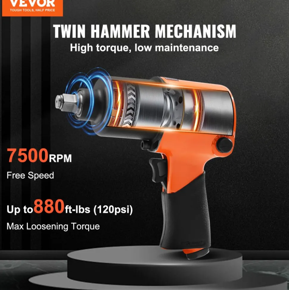 VEVOR Air Impact Wrench, 1/2" Drive Air Impact Gun Up to 880ft-lbs Nut-busting Torque, 7500RPM Lightweight Pneumatic Tool for Auto Repairs and Maintenance