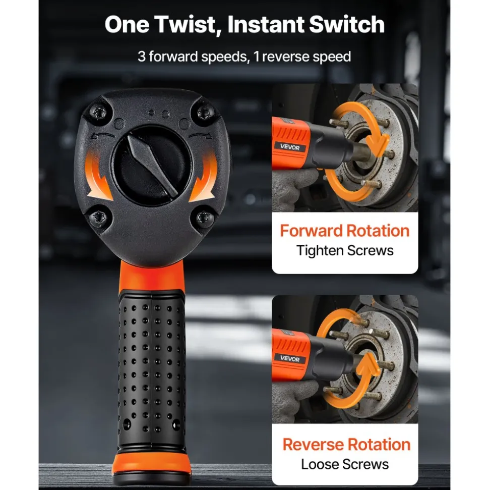 VEVOR Air Impact Wrench, 1/2" Drive Pneumatic Impact Wrench Up to 1100 ft-lbs Reverse Torque, 7500RPM 4-Speed Adjustable & Lightweight Pneumatic Gun for Auto Repairs and Maintenance