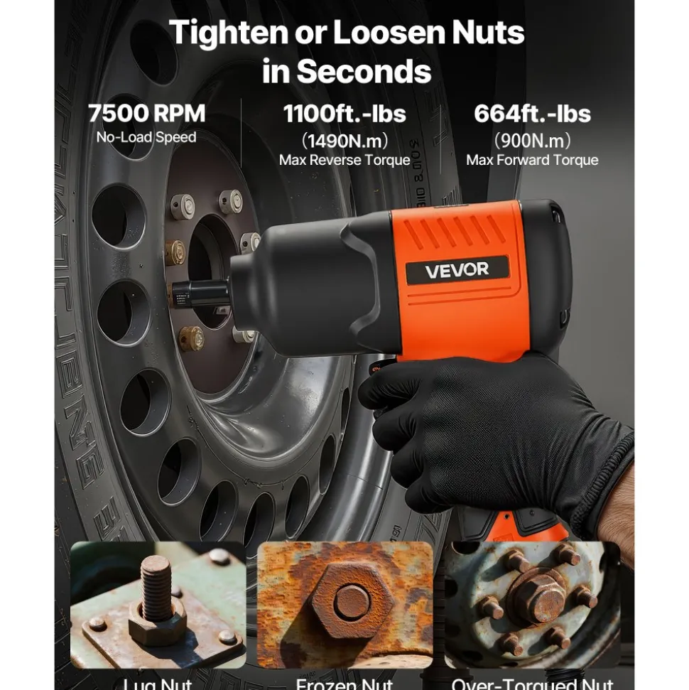 VEVOR Air Impact Wrench, 1/2" Drive Pneumatic Impact Wrench Up to 1100 ft-lbs Reverse Torque, 7500RPM 4-Speed Adjustable & Lightweight Pneumatic Gun for Auto Repairs and Maintenance