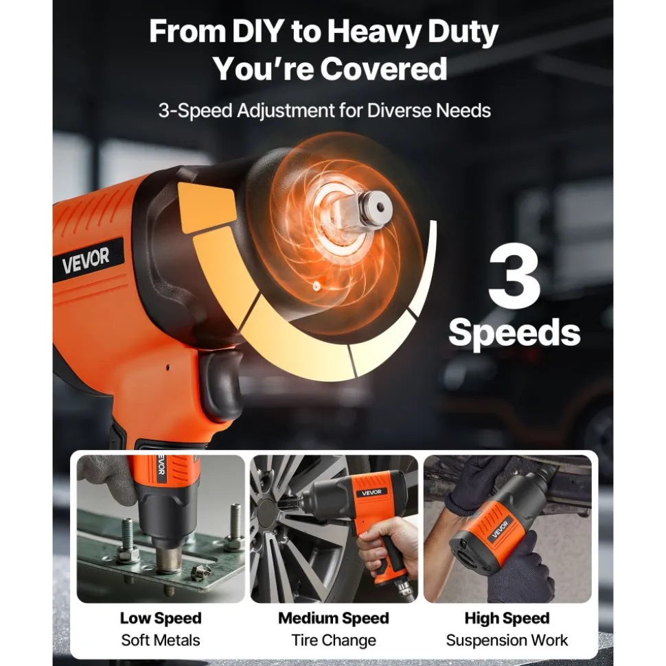 VEVOR Air Impact Wrench, 1/2" Drive Pneumatic Impact Wrench Up to 1100 ft-lbs Reverse Torque, 7500RPM 4-Speed Adjustable & Lightweight Pneumatic Gun for Auto Repairs and Maintenance