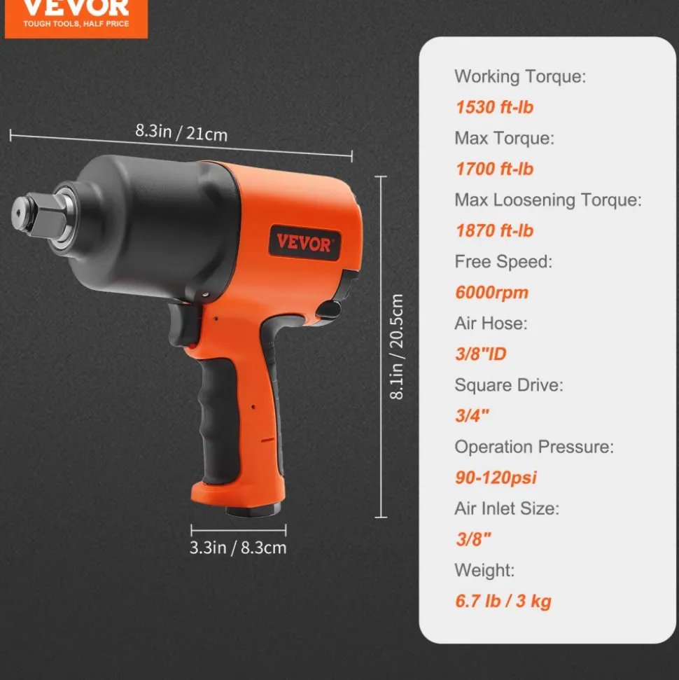 VEVOR Air Impact Wrench, 3/4-Inch Drive Air Impact Gun, Up to 1870ft-lbs Nut-busting Torque, Composite Pneumatic Impact Wrench for Auto Repairs and Maintenance Heavy Duty