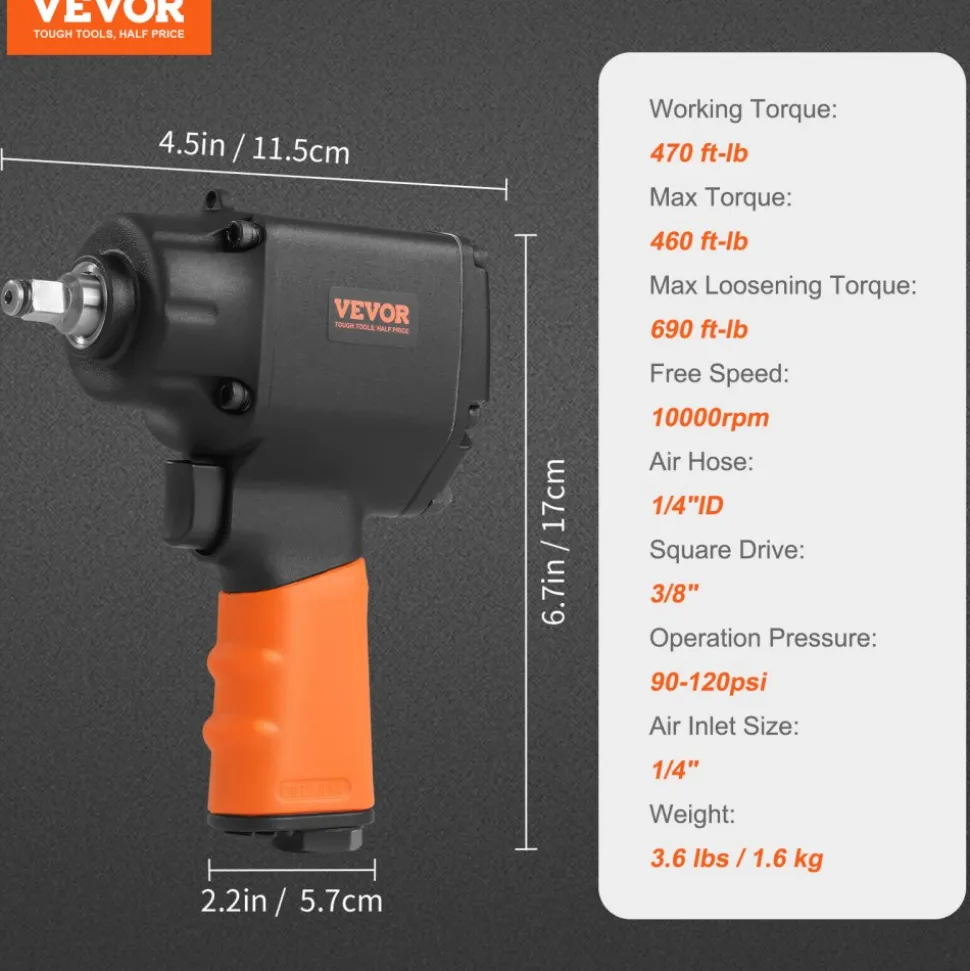 VEVOR Air Impact Wrench, 3/8-Inch Drive Air Impact Gun, Up to 690ft-lbs Nut-busting Torque, Lightweight Pneumatic Impact Wrench for Auto Repairs and Maintenance