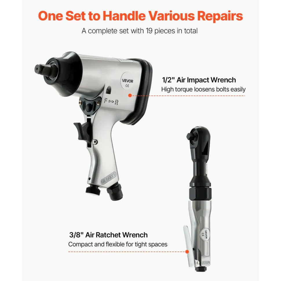 VEVOR 1/2" Air Impact Wrench & 3/8" Ratchet Wrench Combo, 19 Pieces Pro Air Tool and Accessories Kit - Includes 10PCS CR-V Steel Impact Socket Set & Carrying Case for Auto Repair, Home DIY Projects