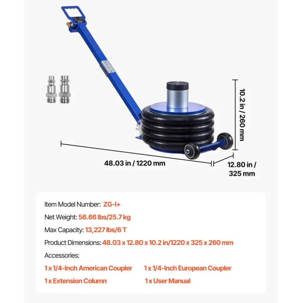 VEVOR Air Jack, 6 Ton/13227 lbs Airbag Jack, Lift Up to 26.5 inch with Heightened Column, Adjustable Handle & Thick Rubber Pad, 2-5 s Fast Lifting Pneumatic for Car, SUV, Pickup Truck Repair, Garage