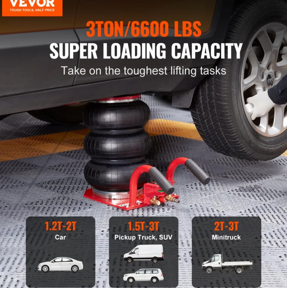 VEVOR Air Jack, 3 Ton/6600 lbs Triple Bag Air Jack, Airbag Jack with Six Steel Pipes, Lift up to 17.7 inch/450 mm, 3-5 s Fast Lifting Pneumatic Jack, with Side Handles for Car, Garage, Repair (Red)