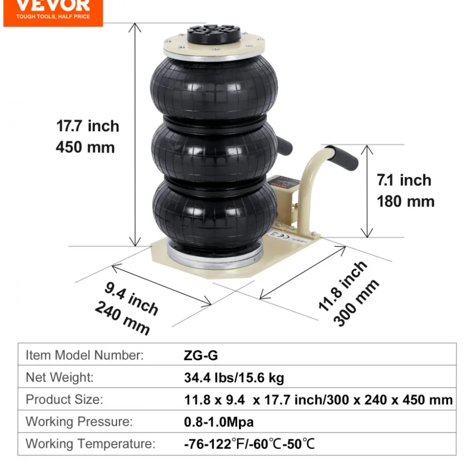 VEVOR Air Jack, 3 Ton/6600 lbs Triple Bag Air Jack, Airbag Jack with Six Steel Pipes, Lift up to 17.7 inch/450 mm, 3-5 s Fast Lifting Pneumatic Jack, with Short Handles for Car Repair