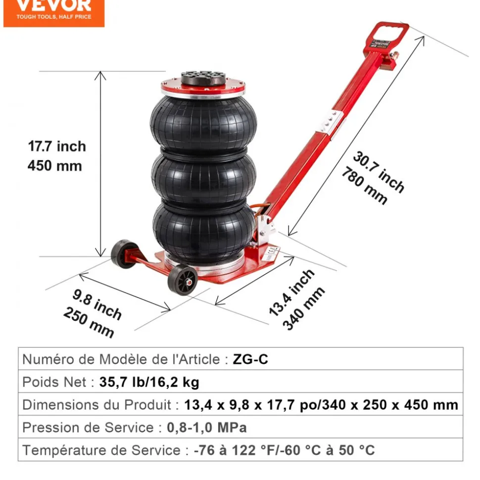 VEVOR Air Jack, 3 Ton/6600 lbs Triple Bag Air Jack, Airbag Jack with Six Steel Pipes, Lift up to 17.7", 3-5 s Fast Lifting Pneumatic Jack, with Adjustable Long Handle for Cars, Garages, Repair (Red)