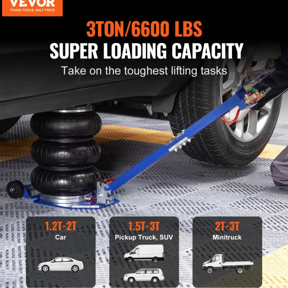 VEVOR Air Jack, 3 Ton/6600 lbs Triple Bag Air Jack, Airbag Jack with Six Steel Pipes, Lift up to 17.7", 3-5 s Fast Lifting Pneumatic Jack, with Adjustable Long Handles for Cars, Garages, Repair (Blue)
