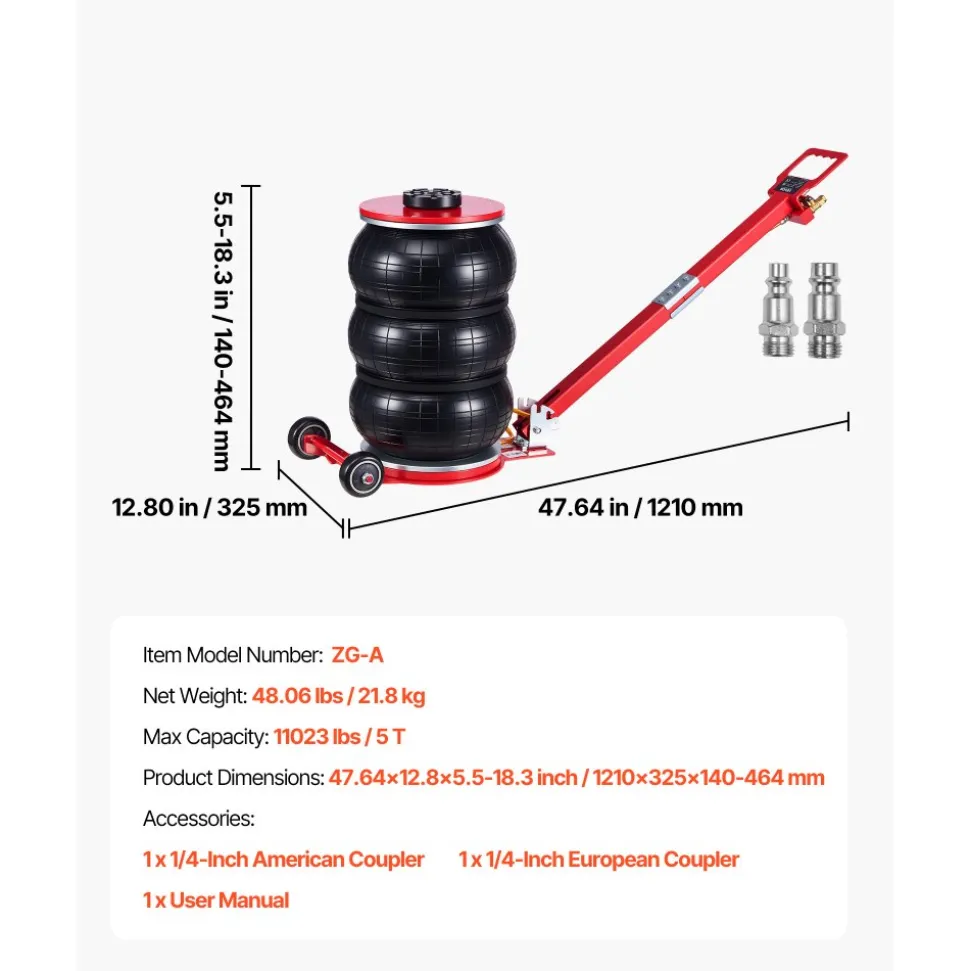 VEVOR Air Jack, 5 Ton/11023 lbs Triple Bag Air Jack, Airbag with Six Steel Pipes, Lift Up to 18.3 inch/464 mm, 4-10 s Fast Lifting Pneumatic with Adjustable Long Handle for Cars, SUVs, Pickup Trucks