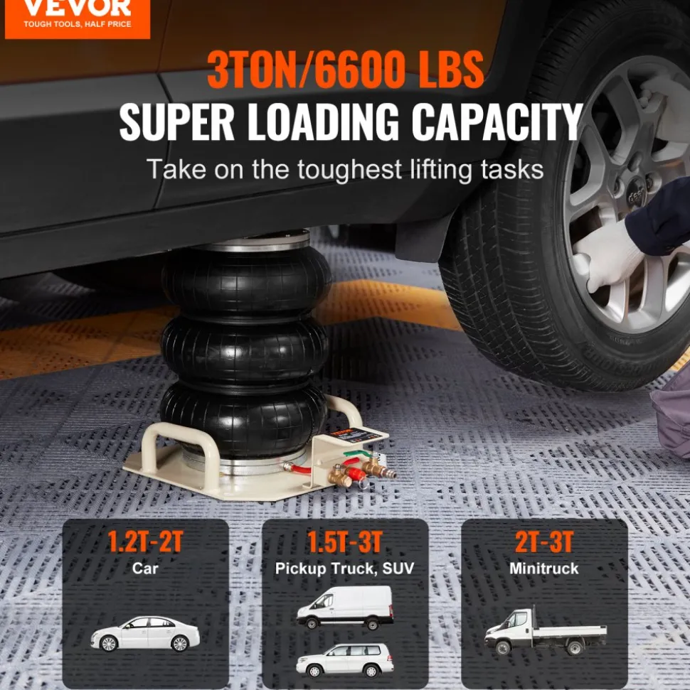 VEVOR Air Jack, 3 Ton/6600 lbs Triple Bag Air Jack, Airbag Jack with Six Steel Pipes, Lift up to 17.7 inch/450 mm, 3-5 s Fast Lifting Pneumatic Jack, with Side Handles for Car, Garage, Repair (White)