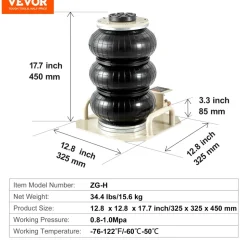 VEVOR Air Jack, 3 Ton/6600 lbs Triple Bag Air Jack, Airbag Jack with Six Steel Pipes, Lift up to 17.7 inch/450 mm, 3-5 s Fast Lifting Pneumatic Jack, with Side Handles for Car, Garage, Repair (White)