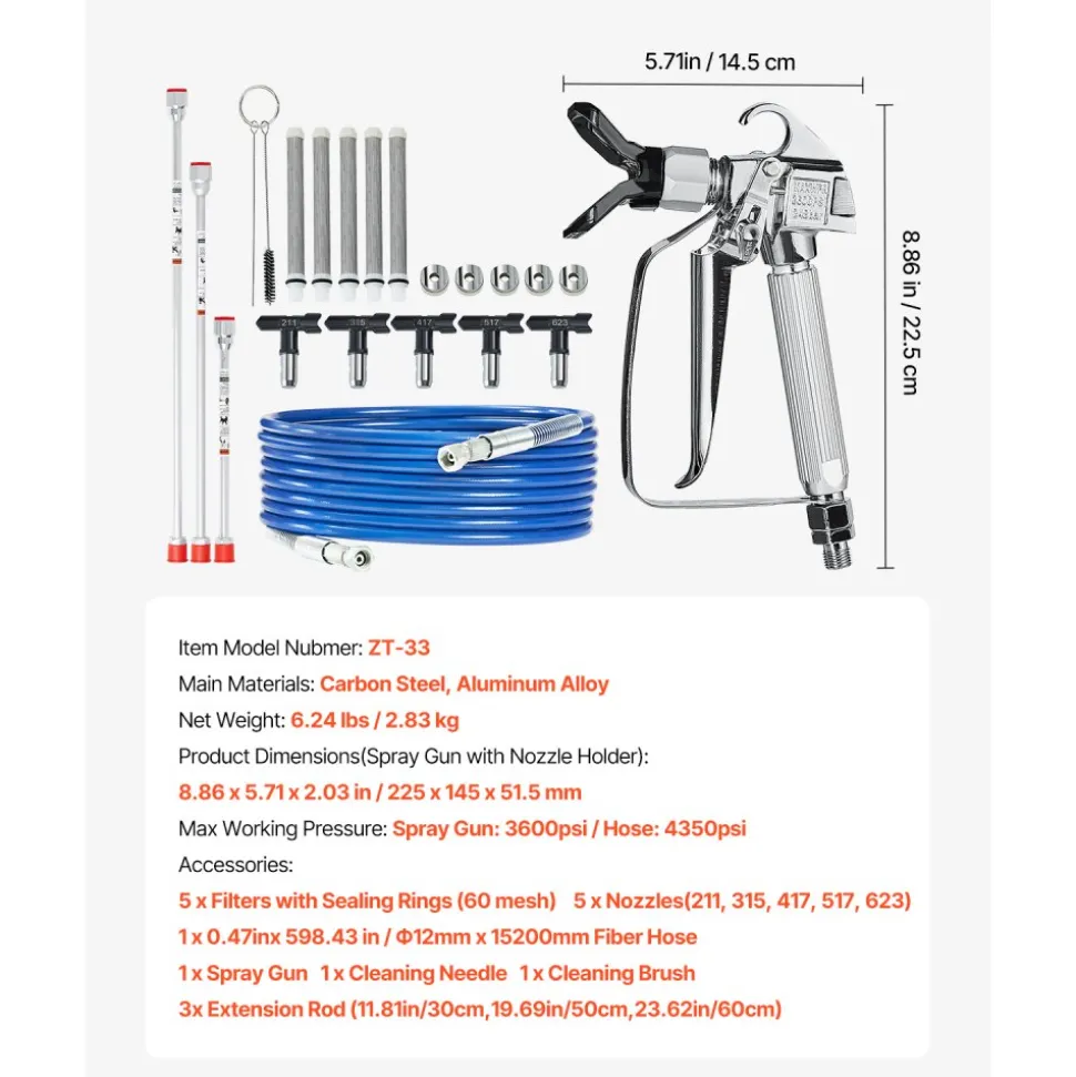 VEVOR Airless Paint Spray Gun and Hose Kit, 3600PSI High Pressure Paint Sprayer Hose Set with 5 Tips, 211, 315, 417, 517, 623, Swivel Joint Airless Spray Gun Kit with Filters, Hose and Extension Rods