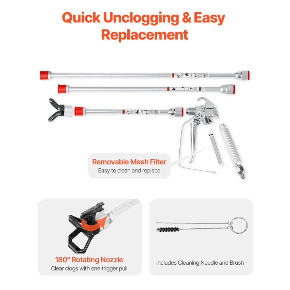 VEVOR Airless Paint Spray Gun and Hose Kit, 3600PSI High Pressure Paint Sprayer Hose Set with 5 Tips, 211, 315, 417, 517, 623, Swivel Joint Airless Spray Gun Kit with Filters, Hose and Extension Rods