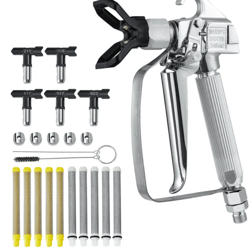 VEVOR Airless Paint Spray Gun, 3600PSI High Pressure Airless Paint Sprayer Gun with 5 Tips, 211, 315, 417, 517, 623, Swivel Joint Airless Spray Gun Kit with Filters, Cleaning Needle and Brush