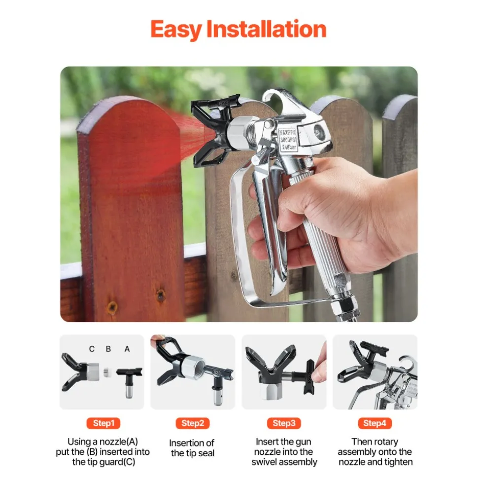 VEVOR Airless Paint Spray Gun, 3600PSI High Pressure Airless Paint Sprayer Gun with 5 Tips, 211, 315, 417, 517, 623, Swivel Joint Airless Spray Gun Kit with Filters, Cleaning Needle and Brush