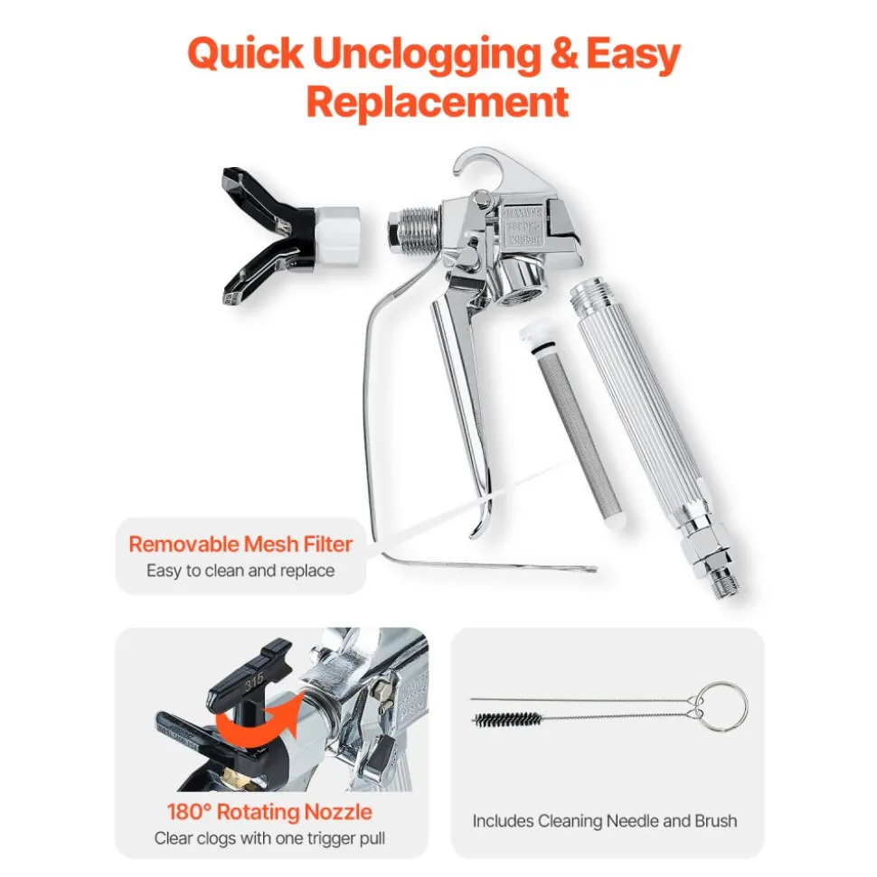 VEVOR Airless Paint Spray Gun, 3600PSI High Pressure Airless Paint Sprayer Gun with 5 Tips, 211, 315, 417, 517, 623, Swivel Joint Airless Spray Gun Kit with Filters, Cleaning Needle and Brush