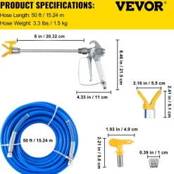 VEVOR Airless Paint Spray Hose Kit, 50ft 3600 psi High Pressure Fiber Tube with 8 inch Extension Rod Pole, Including 517 Tip and Tip Guard, 1/4" Swivel Joint for Homes Buildings Decks or Fences