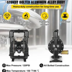 VEVOR Air-Operated Double Diaphragm Pump, 2 inch Inlet & Outlet, Aluminum Alloy Body, 75 GPM & Max 120PSI, Nitrile Diaphragm Transfer Pump for Petroleum, Diesel, Oil and Low Viscosity Fluids