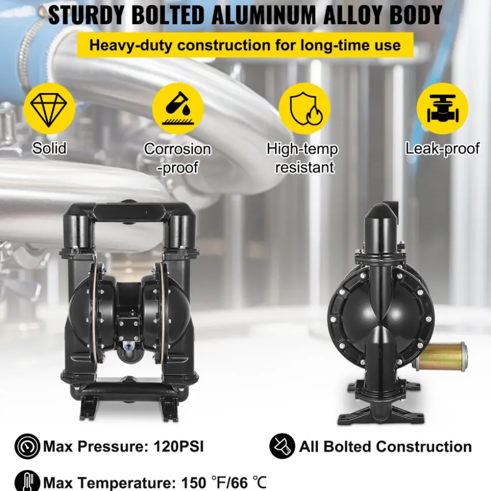 VEVOR Air-Operated Double Diaphragm Pump, 2 inch Inlet & Outlet, Aluminum Alloy Body, 75 GPM & Max 120PSI, Nitrile Diaphragm Transfer Pump for Petroleum, Diesel, Oil and Low Viscosity Fluids