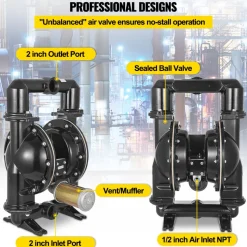VEVOR Air-Operated Double Diaphragm Pump, 2 inch Inlet & Outlet, Aluminum Alloy Body, 75 GPM & Max 120PSI, Nitrile Diaphragm Transfer Pump for Petroleum, Diesel, Oil and Low Viscosity Fluids