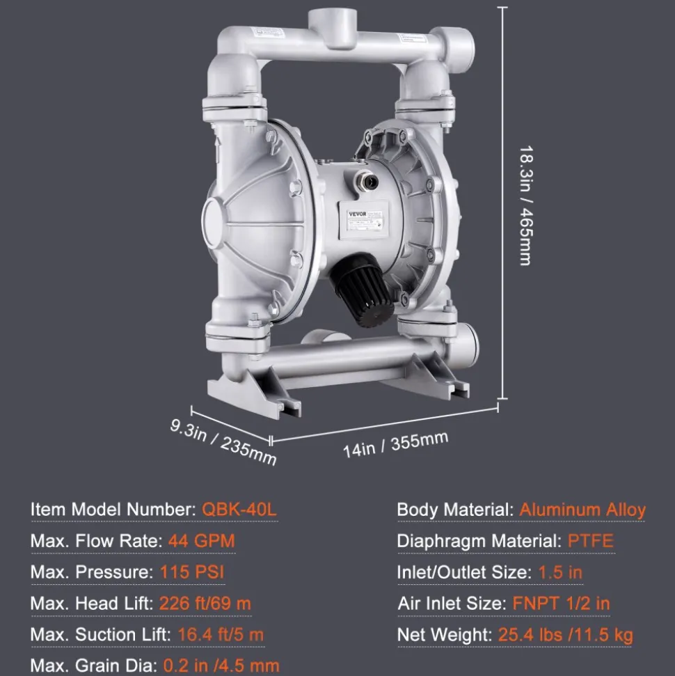VEVOR Air Operated Double Diaphragm Pump, 44GPM, Max 115PSI Air Waste Oil Pneumatic Transfer Pump with 2 Extra Diaphragms, 1-1/2 inch Inlet & Outlet Aluminum Alloy Diaphragm Pump for Diesel Grease Oil