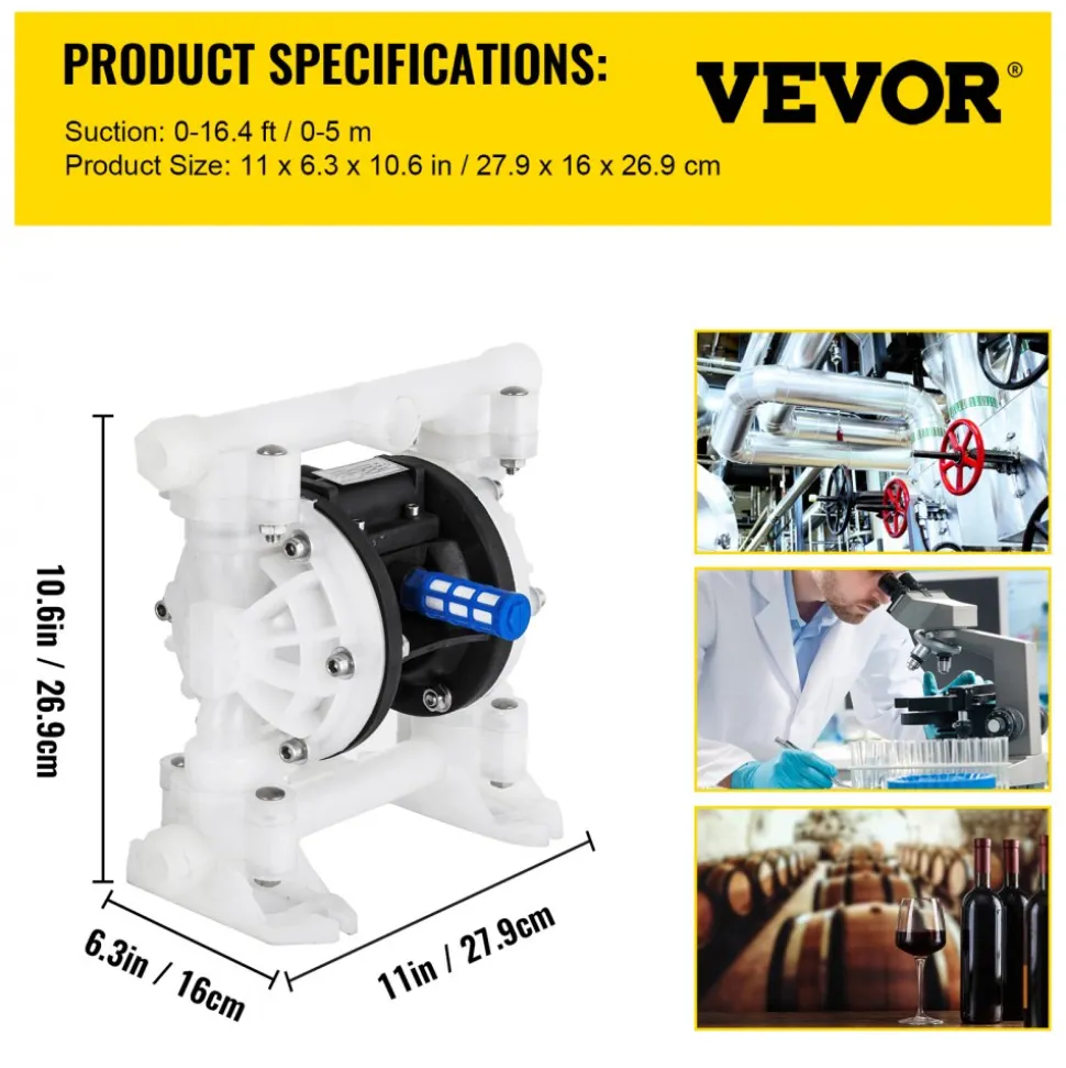 VEVOR Air Operated Double Diaphragm Pump, 35 GPM, 1 inch Inlet & Outlet Pneumatic Waste Oil Transfer Pump, Max 114 PSI, Aluminum Alloy Body, Air-Operated for Diesel, Grease, Kerosene, Gasoline & Oil