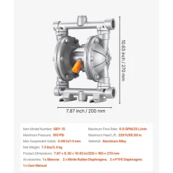 VEVOR Air Operated Double Diaphragm Pump, 6.6 GPM, 3/8 inch Inlet & Outlet Pneumatic Waste Oil Transfer Pump, Max 100 PSI, Aluminum Alloy Body, Air-Operated for Diesel, Grease, Kerosene, Gasoline