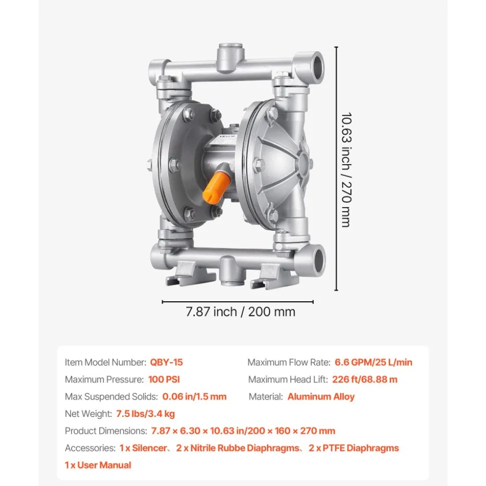 VEVOR Air Operated Double Diaphragm Pump, 6.6 GPM, 3/8 inch Inlet & Outlet Pneumatic Waste Oil Transfer Pump, Max 100 PSI, Aluminum Alloy Body, Air-Operated for Diesel, Grease, Kerosene, Gasoline