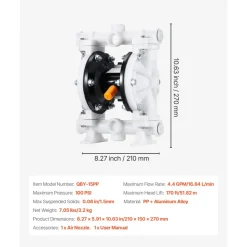 VEVOR Air Operated Double Diaphragm Pump, 4.4 GPM, 1-1/2 inch Inlet & Outlet Pneumatic Waste Oil Transfer Pump, Max 100 PSI, Polypropylene Body, Air-Operated for Diesel, Grease, Kerosene, Gasoline