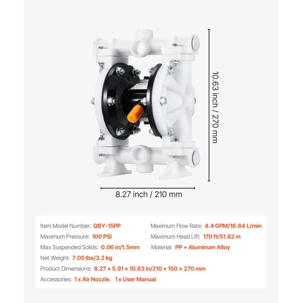 VEVOR Air Operated Double Diaphragm Pump, 4.4 GPM, 1-1/2 inch Inlet & Outlet Pneumatic Waste Oil Transfer Pump, Max 100 PSI, Polypropylene Body, Air-Operated for Diesel, Grease, Kerosene, Gasoline