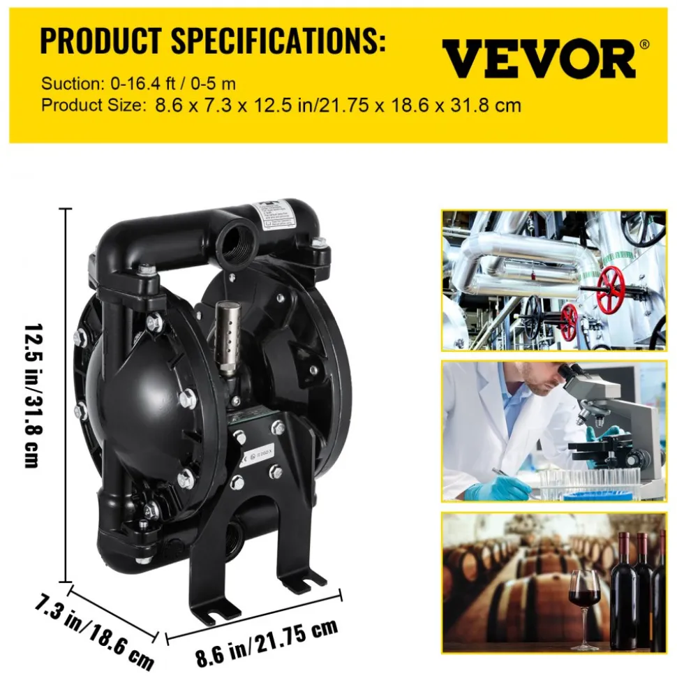 VEVOR Air-Operated Double Diaphragm Pump 1 inch Inlet Outlet Aluminum 35 GPM Max 120PSI, Nitrile Diaphragm, QBY4-25L-1inch-35