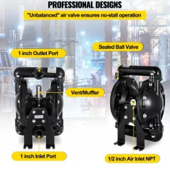 VEVOR Air-Operated Double Diaphragm Pump 1 inch Inlet Outlet Aluminum 35 GPM Max 120PSI, Nitrile Diaphragm, QBY4-25L-1inch-35