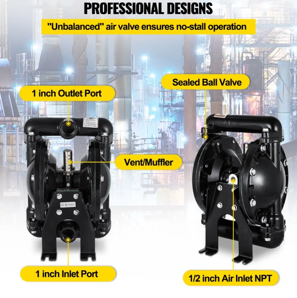 VEVOR Air-Operated Double Diaphragm Pump 1 inch Inlet Outlet Aluminum 35 GPM Max 120PSI, Nitrile Diaphragm, QBY4-25L-1inch-35