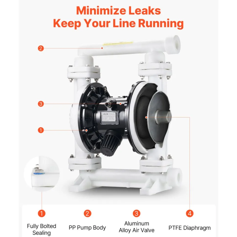 VEVOR Air Operated Double Diaphragm Pump, 25 GPM, 1 inch Inlet & Outlet Pneumatic Waste Oil Transfer Pump, Max 100 PSI, Polypropylene Body, Air-Operated for Diesel, Grease, Kerosene, Gasoline & Oil