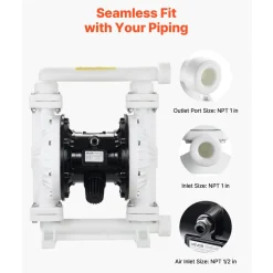 VEVOR Air Operated Double Diaphragm Pump, 25 GPM, 1 inch Inlet & Outlet Pneumatic Waste Oil Transfer Pump, Max 100 PSI, Polypropylene Body, Air-Operated for Diesel, Grease, Kerosene, Gasoline & Oil