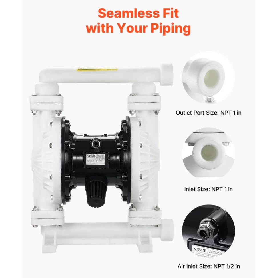 VEVOR Air Operated Double Diaphragm Pump, 25 GPM, 1 inch Inlet & Outlet Pneumatic Waste Oil Transfer Pump, Max 100 PSI, Polypropylene Body, Air-Operated for Diesel, Grease, Kerosene, Gasoline & Oil