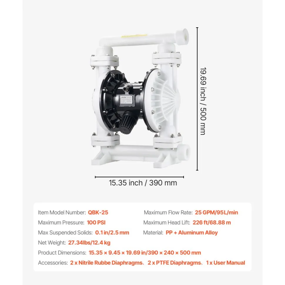 VEVOR Air Operated Double Diaphragm Pump, 25 GPM, 1 inch Inlet & Outlet Pneumatic Waste Oil Transfer Pump, Max 100 PSI, Polypropylene Body, Air-Operated for Diesel, Grease, Kerosene, Gasoline & Oil