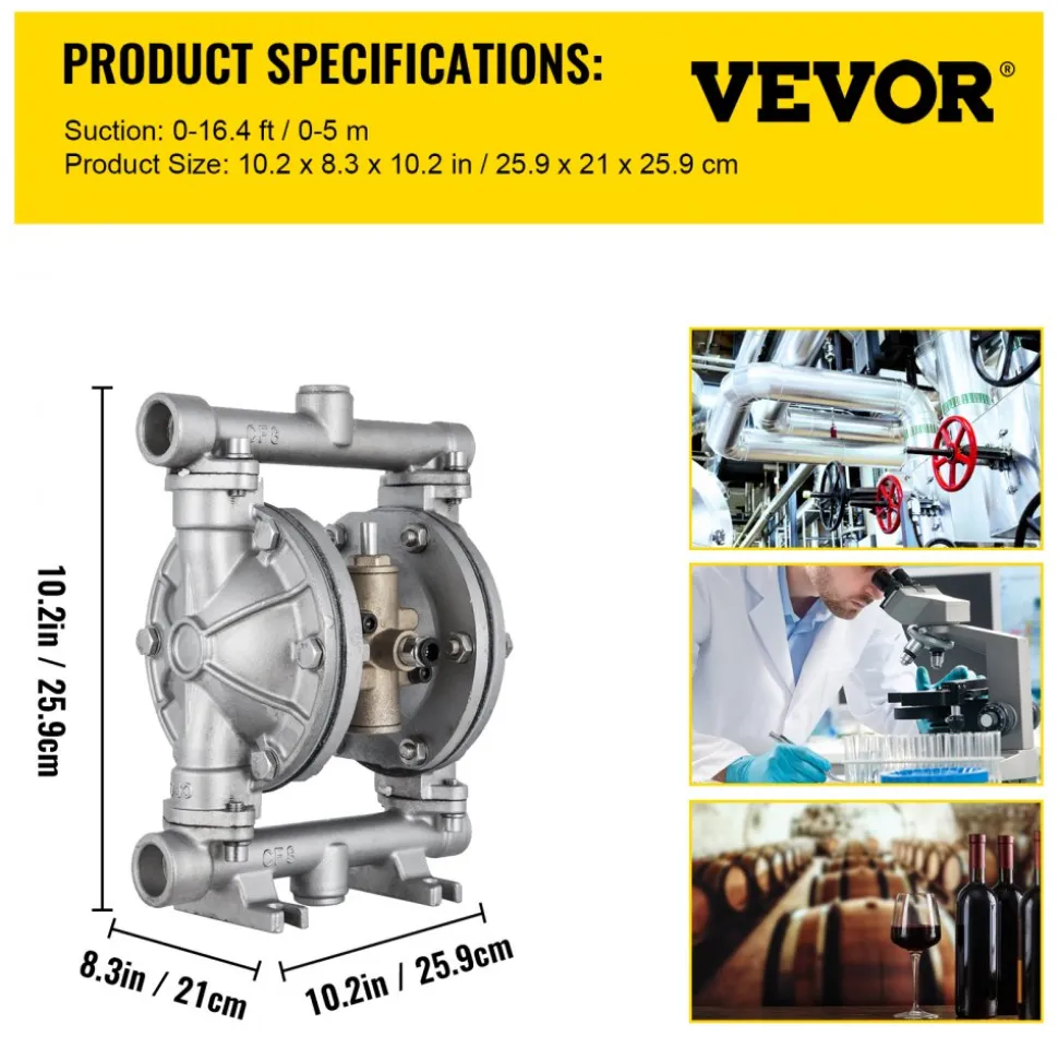 VEVOR Air-Operated Double Diaphragm Pump, 1/2 in Inlet & Outlet, Stainless Steel Body, 8.8 GPM & Max 120PSI, PTFE Diaphragm Pneumatic Transfer Pump for Petroleum, Diesel, Oil & Low Viscosity Fluids