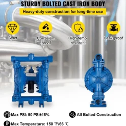 VEVOR Air-Operated Double Diaphragm Pump, 1/2 in Inlet & Outlet, Cast Iron Body, 3 GPM & Max 90 PSI, Nitrile Diaphragm Pneumatic Transfer Pump for Petroleum, Diesel, Oil & Low Viscosity Fluids
