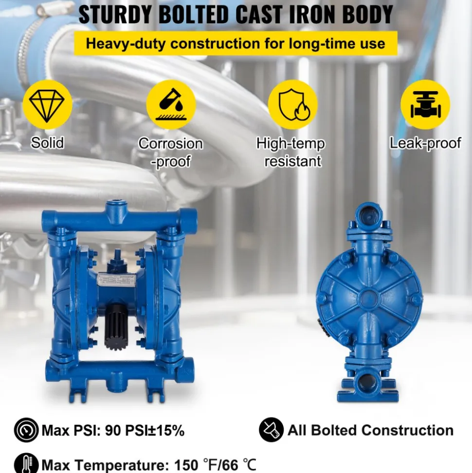 VEVOR Air-Operated Double Diaphragm Pump, 1/2 in Inlet & Outlet, Cast Iron Body, 3 GPM & Max 90 PSI, Nitrile Diaphragm Pneumatic Transfer Pump for Petroleum, Diesel, Oil & Low Viscosity Fluids