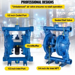 VEVOR Air-Operated Double Diaphragm Pump, 1/2 in Inlet & Outlet, Cast Iron Body, 3 GPM & Max 90 PSI, Nitrile Diaphragm Pneumatic Transfer Pump for Petroleum, Diesel, Oil & Low Viscosity Fluids