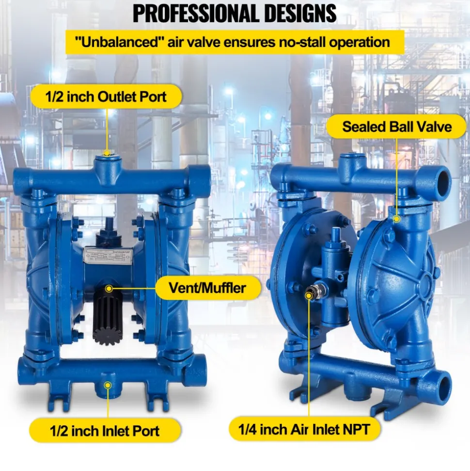 VEVOR Air-Operated Double Diaphragm Pump, 1/2 in Inlet & Outlet, Cast Iron Body, 3 GPM & Max 90 PSI, Nitrile Diaphragm Pneumatic Transfer Pump for Petroleum, Diesel, Oil & Low Viscosity Fluids