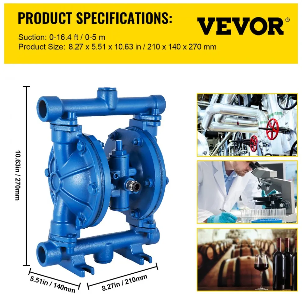 VEVOR Air-Operated Double Diaphragm Pump, 1/2 in Inlet & Outlet, Cast Iron Body, 3 GPM & Max 90 PSI, Nitrile Diaphragm Pneumatic Transfer Pump for Petroleum, Diesel, Oil & Low Viscosity Fluids